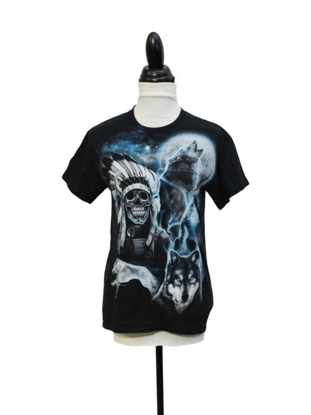 Vintage Y2K Indian Chief Skeleton Wolf Graphic Tee Black Blue White 2000s Street